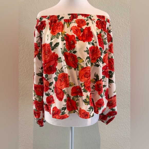 Forever 21 Rose Floral Print Off-the-Shoulder Flowy Top – White/Red – Size S/M - Picture 2 of 16